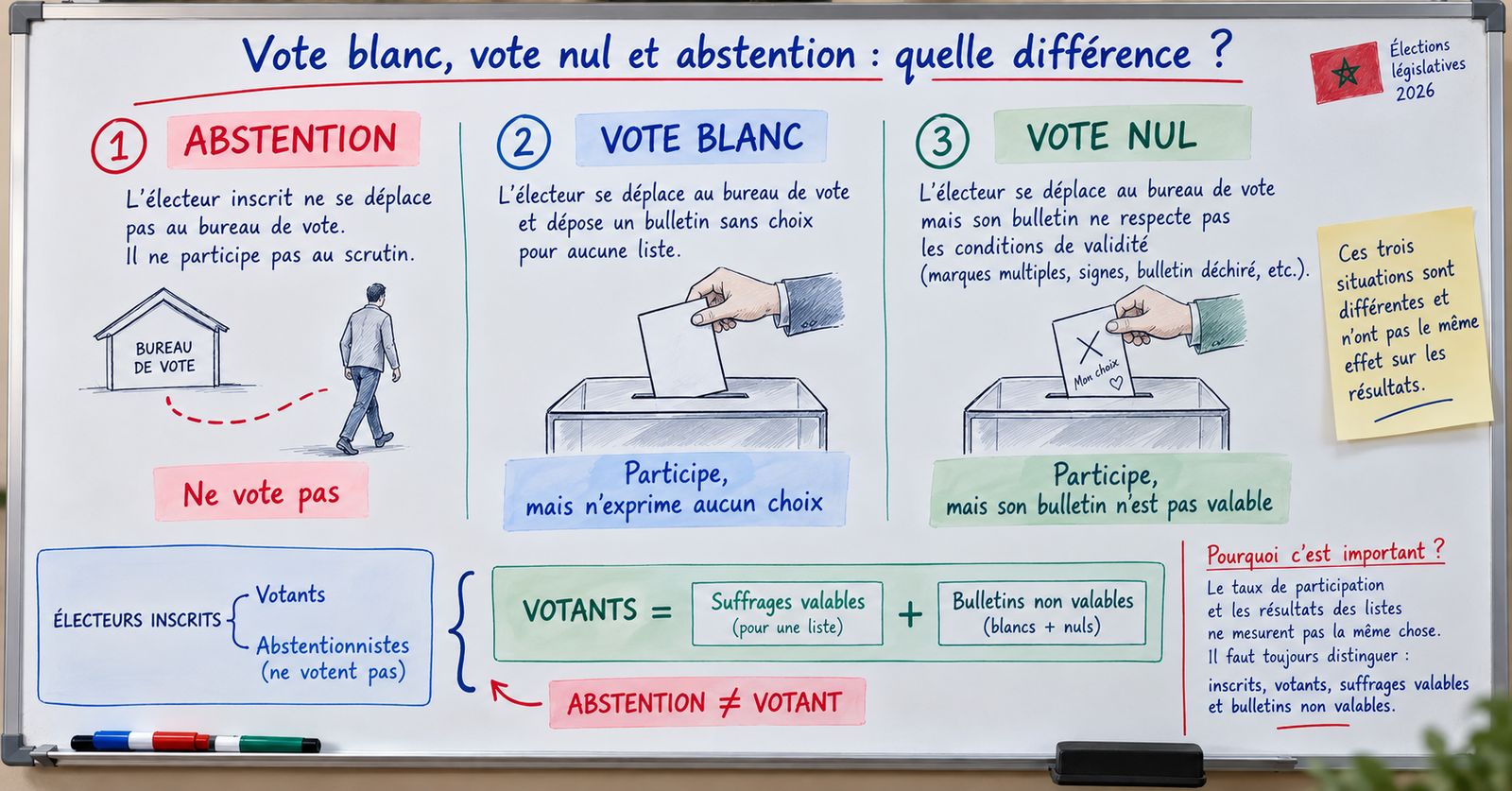 Illustration pédagogique expliquant la différence entre abstention, vote blanc et vote nul
