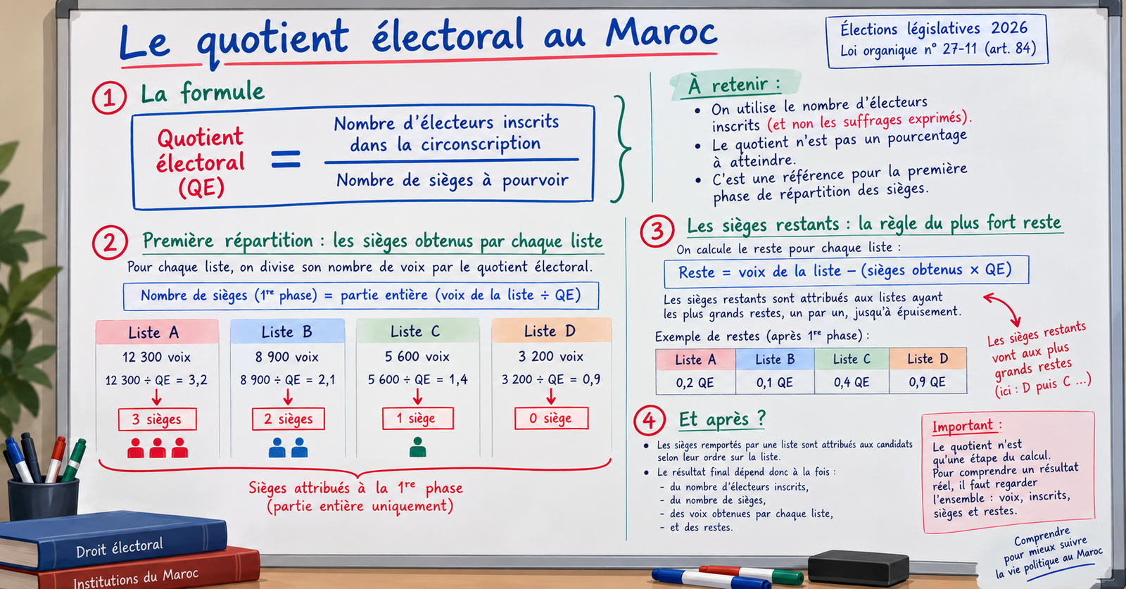 Illustration pédagogique du calcul du quotient électoral au Maroc