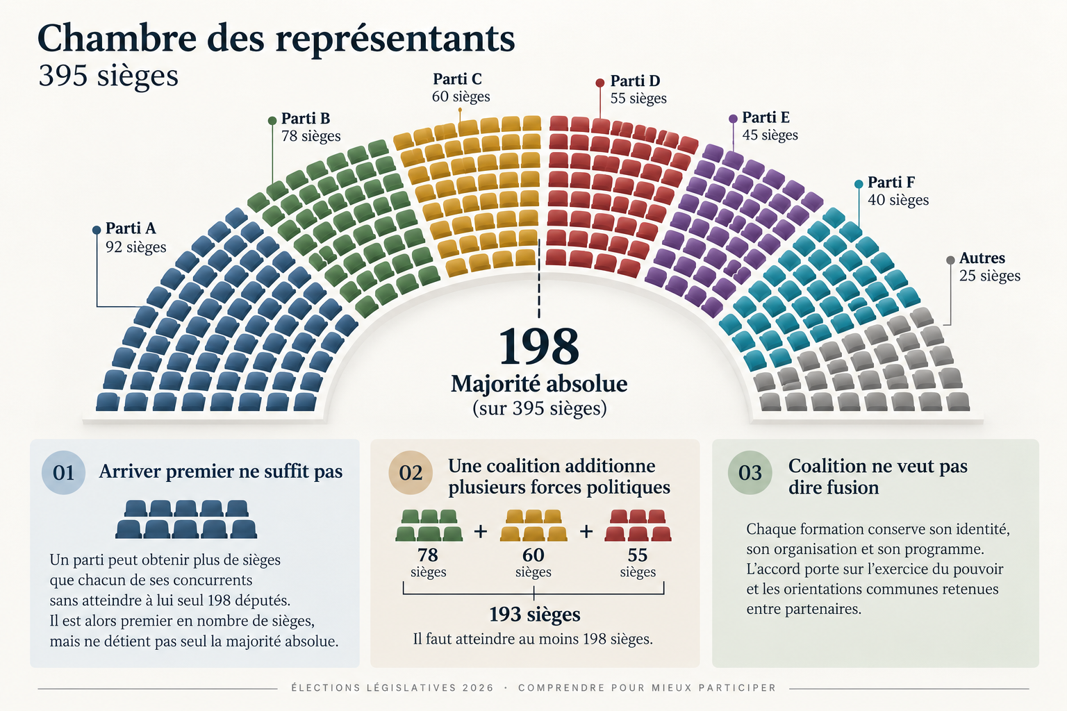 Illustration pédagogique expliquant la formation d’une coalition et le seuil de 198 sièges à la Chambre des représentants